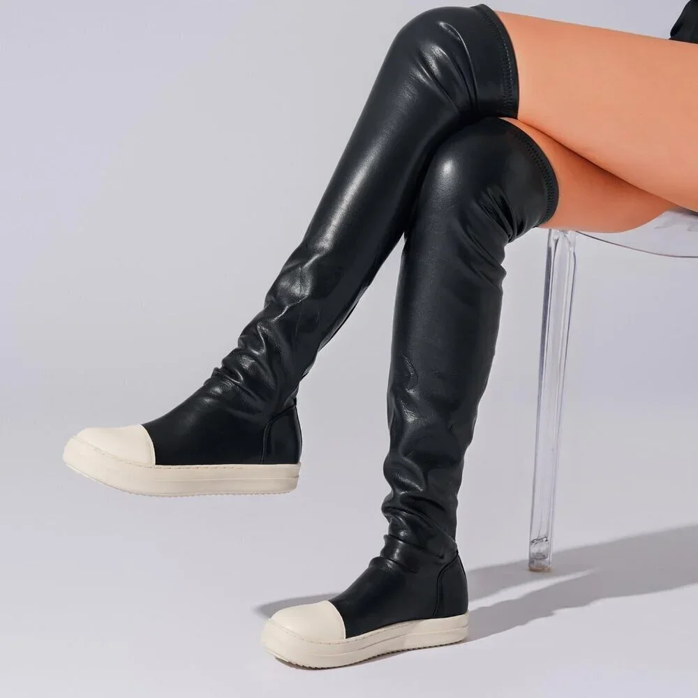 Women Black Polyurethane (PU) Flat Over The Knee Round Toe Thigh High Boots